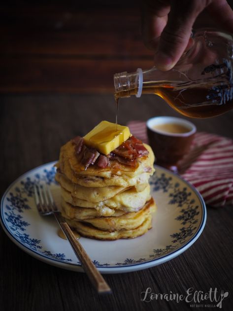 Bacon Pancakes @ Not Quite Nigella Maple Glazed Bacon, Maple Bacon Pancakes, Stuffed Pancakes, Bacon Pancakes, Bircher Muesli, Pancakes And Bacon, Hot Cakes, Maple Bacon, Brunch Ideas