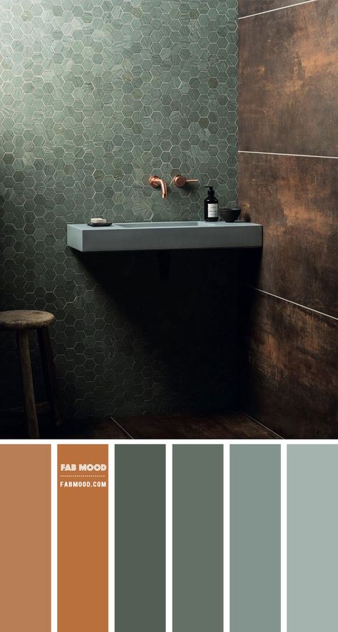 Gorgeous combinations of earthy colors + textures and tones. We love these hexagon tile shaped from Mandarin Stone in different shades of green. Earthy green hues provide... Casa Rock, Earthy Bathroom, Copper Bathroom, Bathroom Color Schemes, Mirror Bathroom, Bathroom Color, Green Colour Palette, Bathroom Mirrors, Green Bathroom