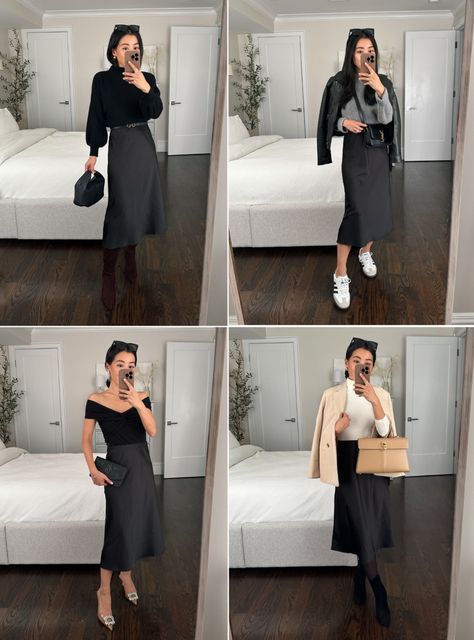 How to style a slip skirt in Petite Fall winter outfits Slip Skirt Outfit Winter, Silk Skirt Outfit Winter, Slip Skirt Outfit Fall, Black Slip Skirt Outfit, Petite Outfits Fall, How To Style A Slip Dress, Slip Skirt Outfit, Silk Skirt Outfit, Skirt Outfit Fall