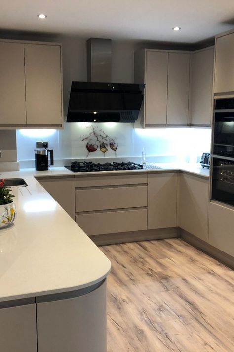 What a gorgeous makeover. A new sleek sophisticated kitchen with a striking splashback! 😍😍

PWS Distributors Remo Matt Cashmere doors from Second Nature Kitchens with Character Graphite feature units. Quartzforms UK White worktops and NEFF appliances. Small Sleek Modern Kitchen, Fitted Kitchen Ideas Modern, Modern Uk Kitchen, Morden Kitchen Ideas Inspiration, Small Uk Kitchen, Cashmere Matt Kitchen, Cashmere Kitchen Cupboards, Cashmere Colour Kitchen, Cashmere Kitchen Ideas