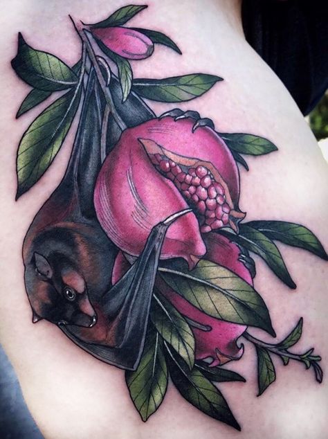 Bat And Pomegranate, Bat And Pomegranate Tattoo, Bat Floral Tattoo, Flying Fox Bat Tattoo, Neotraditional Bat Tattoo, Flying Fox Tattoo, Squire Strahan, Bat Tats, Pomegranate Tattoo