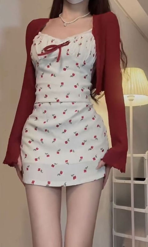 Korean valentines day outfit: red cardigan and flower mini dress Sweetheart Outfit, Valentine Outfits For Women, Cute Valentines Day Outfits, Valentines Day Dresses, Valentines Outfits, Valentine's Day Outfit, Red Outfit, Pink Outfits, Edgy Outfits