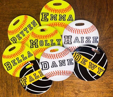 Ball Tags - CountryFide Custom Accessories and Outdoors Softball Bag Tags, Softball Bag, Softball Team Gifts, Sports Bag Tags, Softball Coach Gifts, Softball Bags, Softball Crafts, Bow Maker, Personalized Bag Tags