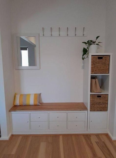 Ikea Kallax Mudroom Hack, Kallax Entryway, Space Saving Furniture Tiny Houses, Ikea Entryway, Mudroom Remodel, Dining Corner, Ikea Kallax Hack, Living Room Plan, Ikea Hallway