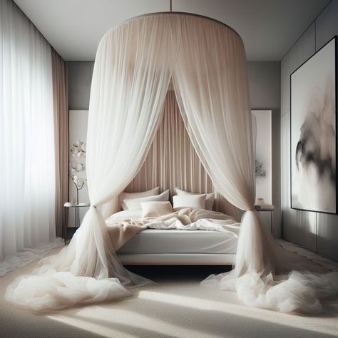 Luxurious Parental Retreat 🛌✨ Infuse your parental retreat with the essence of luxury. This canopy bed, with its flowing curtains and serene artwork, makes for an exquisite focal point in a minimalist bedroom. Pin it to your board of dreamy bedroom sanctuaries! #LuxuryParentalRetreats #BedroomDesign #PeacefulInteriors Luxury Bedroom Master Romantic Canopy Beds, Canopy Curtain Ideas, Bed Design Modern Luxury Royal, Celestial Apartment, Flowing Curtains, Serene Artwork, Bedroom Canopy, Bedroom Inspiration Cozy, Canopy Bed Curtains