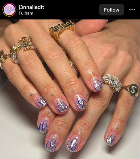 Blue Flame Nails Short, Short Square Flame Nails, Short Nails Flames, Blue Flames Nails, Short Flame Nails, Molten Metal Nails, Abstract Gel Nails, Lesbian Nails, Metallic Blue Nails