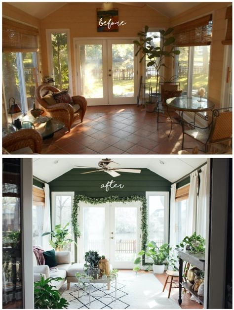 Sunroom Paint Colors, Ikea Sheer Curtains, Indoor Sunroom Furniture, Green Sunroom, Sunroom Colors, All Seasons Room, Sunroom Renovation, Boho Sunroom, Sunroom Dining Room