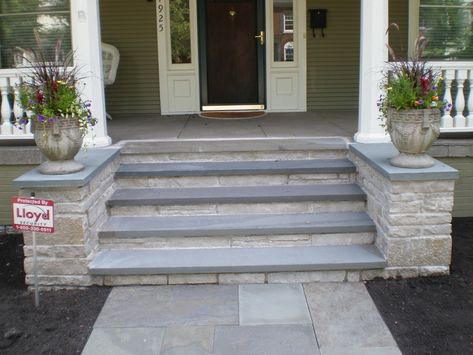 Fond du Lac and bluestone front steps with buttresses. Concrete Patio Steps, Porch Appeal, Bluestone Steps, Front Porch Stairs, Front Porch Stone, Concrete Front Porch, Stone Porches, Front Porch Steps, Porch Stairs