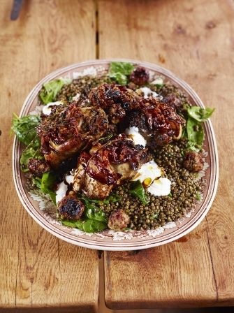 Bacon-wrapped roast partridge, pork stuffing & lentils | Jamie Oliver Partridge Recipes, Bacon Wrapped Roast, Partridge Recipe, Pork Stuffing, Lentils Nutrition, Entrees Dinner, British Food Recipes, Homemade Fish And Chips, Christmas Bbq