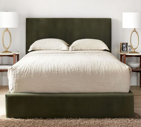 Raleigh Square Upholstered Low Platform Bed without Nailheads, Queen, Park Weave Ash | Pottery Barn No Footboard Beds, California King Bed Frames, Low Frame Bed, Guys Apartment Bedroom, King Bedframe Ideas, Navy Bed Frame, Bedroom Beds & Frames, Taupe Upholstered Bed, King Bed Frame Ideas