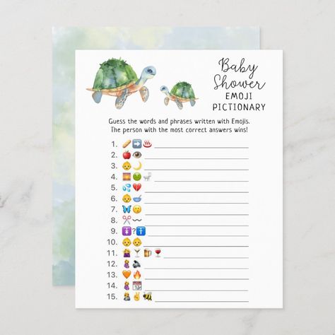 Sea Turtle - Emoji picture game baby shower Turtle Themed Baby Shower Ideas, Sea Turtle Baby Shower Ideas, Turtle Baby Shower Decorations, Turtle Baby Shower Theme, Turtle Emoji, Sea Turtle Party, Ocean Baby Shower Theme, Picture Game, Turtle Baby Shower