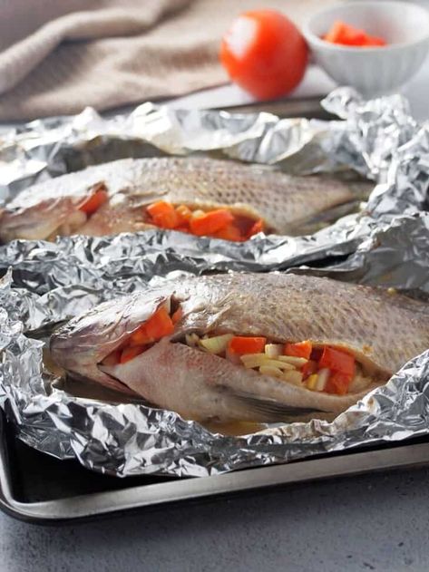 Filipino Tilapia Recipe, Fish Recipe Filipino, Steamed Tilapia, Baked Tilapia Recipes, Baked Tilapia, Tilapia Recipes, Filipino Dishes, Onion Recipes, Baked Fish