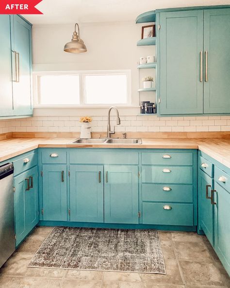 Post Image Turquoise Kitchen Cabinets, 1920 Home, Green Appliances, Builder Grade Kitchen, Faux Tiles, Turquoise Kitchen, Shaker Style Cabinets, Diy Hack, Kitchen Diy Makeover