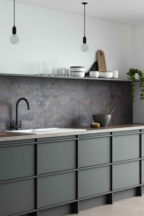 Urban Steel splashback is designed to replicate weathered steel with a mottled effect in grey and brown hues featuring a geometric pattern that comes through in areas. Transform your kitchen with the new rich natural textures of the Alloy Decor Range. Paired with Omega Calderia worktop. Weathered Steel, Kitchen Splash Back, Kitchen Splashback, Fire Safe, Grey Metal, Grey Kitchen, Kitchen Inspo, Natural Texture, Laminate