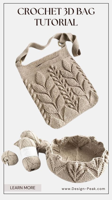 3d Leaf Crochet Bag Free Pattern, Crochet Bag Pattern Free Easy Handbags, 3d Crochet Patterns, Crochet Crossbody Bag Pattern Free, Crochet Bucket Bag Pattern, Crochet Containers, Crochet Yarn Bag, Free Crochet Bag Patterns, Interesting Crochet