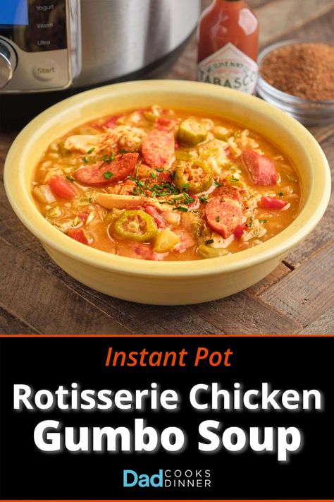 Instant Pot Rotisserie Chicken Gumbo Soup. A taste of New Orleans from the pressure cooker, with homemade broth from a store-bought rotisserie chicken. #InstantPot #InstantPotRecipe #PressureCooker #PressureCookerRecipe @InstantPotOfficial Chicken Gumbo Soup Recipe, Instant Pot Rotisserie Chicken, Gumbo Soup Recipe, Instant Pot Gumbo, Chicken Gumbo Soup, Andouille Sausage Gumbo, Homemade Broth, Gumbo Soup, Sausage Recipes For Dinner