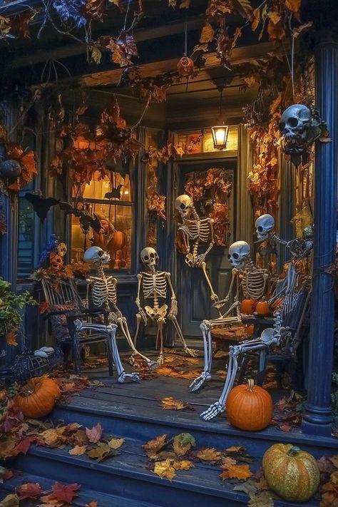 "Turn your porch into a bone-chilling scene with DIY Skeleton Decor! 💀🎃 Perfect for a spooky Halloween welcome. #SkeletonDecorDIY #SpookyPorchDecor #HalloweenInspiration" Halloween Lanterns Outdoor, Classic Outdoor Halloween Decorations, Deck Halloween Decorations, Decorate Porch For Halloween, Outdoor Halloween Decorations Porch, Skeleton Decorations Outdoor, Exterior Halloween Decorations, Halloween Patio Decor, Porch Halloween Decorations