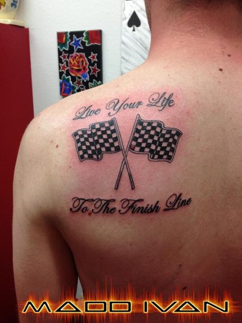 Crazy Cactus Tattoo- Scottsdale, AZ- Madd Ivan- Racing Checkered Flag Dirtbike Number Plate Tattoos, Nascar Memorial Tattoo, Racing Memorial Tattoo, Nascar Tattoo Ideas, Checkered Flag Tattoo Women, Racecar Tattoos, Racing Flag Tattoo, Racing Tattoo Ideas, Racing Tattoos For Women