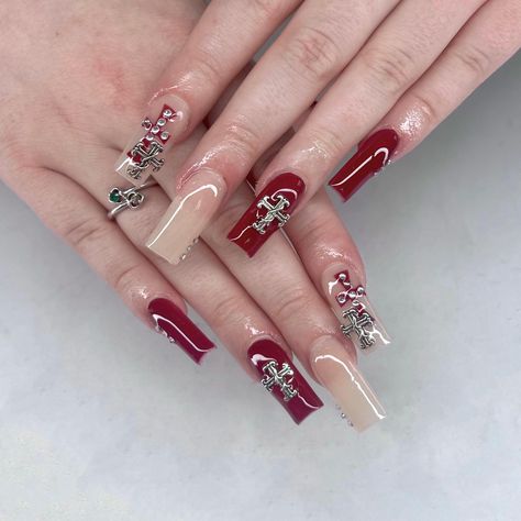 dark red and nude square acrylic nails with cross Red Nails With Cross, Nude Square Acrylic Nails, Nails With Cross, Cross Nails, Plain Nails, Dark Nails, Hair Nails, Square Acrylic Nails, Coffin Nails Designs