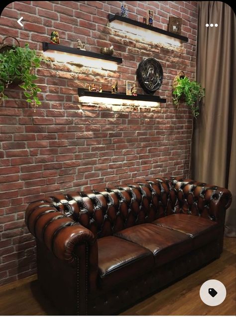 Industrial Wall Ideas, Industrial Sitting Room, Barber Shop Design Interior, Industrial Salon Design, Industrial Salon Decor, Brick Wall Interior Design, Sofa Industrial, Barbershop Design Interior, Brick Wall Decor