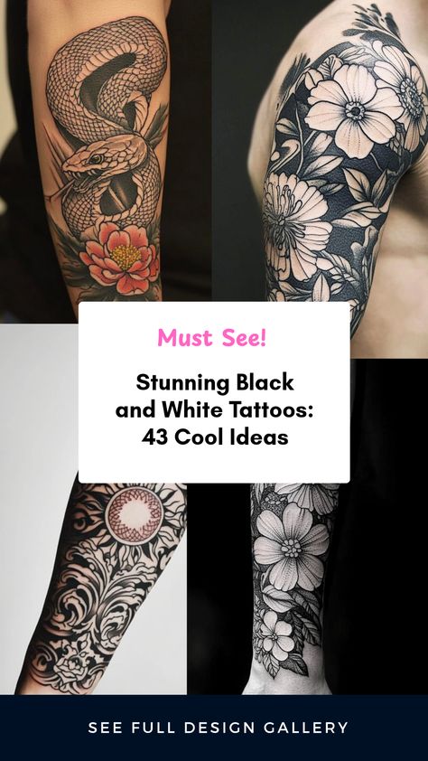 Explore stunning black and white tattoos for men with 43 unique ideas. This pin features diverse styles, encouraging creativity and bold choices in body art. Perfect inspiration for anyone looking for tattoo design ideas. Black And Gray American Traditional, Gothic Floral Tattoo, Discover Tattoo, Black And White Tattoos, Cool Tattoo Ideas, Tech Tattoo, Black And White Tattoo, Dragon Sleeve, White Tattoos