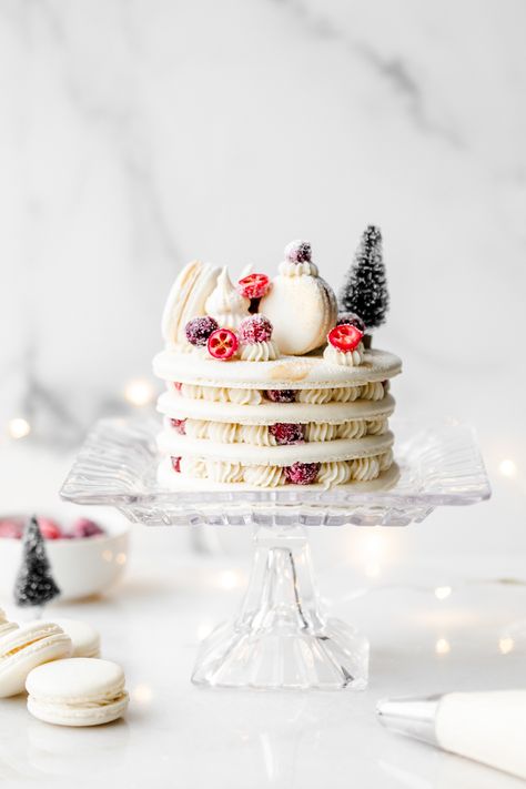 Macaron Cakes, Vanilla Jam, Macarons Cake, Vanilla Bean Frosting, Macaroon Cake, Macaron Cake, Macaron Flavors, Sugared Cranberries, French Macaron