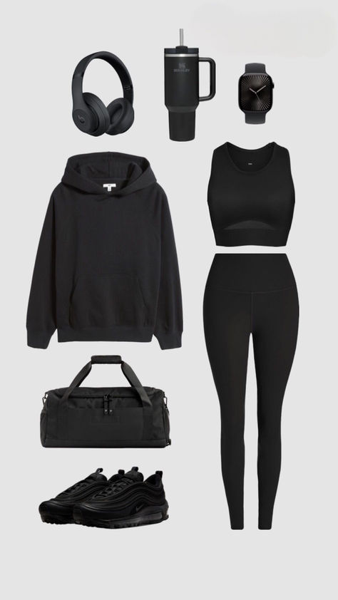 gym outfit, workout outfit, fitness outfit, gym style, athleisure wear, gym inspiration, workout motivation, gym fashion, gym style inspiration, gym wear, all black workout outfit, minimalist gym style, comfortable gym clothes, functional gym wear, sporty style, athleisure fashion, gym outfit ideas, gym outfit inspo, black hoodie, black sports bra, black leggings, black sneakers, black gym bag, black headphones, black tumbler, black watch Warm Gym Outfits, Cute Gym Outfits Winter, Alt Gym Outfits, Health Goth Outfits, Gym Wear Aesthetic, All Black Workout Outfit, All Black Gym Outfit, Cute Workout Outfits For Women, Gym Outfits Winter