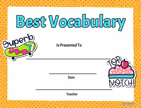 Free, Fast Student Award Generator | Best Vocabulary Award Prek Rewards, Best Student Award, School Award Certificates, Graduation Things, Student Certificates, Alphabet Activities Kindergarten, Student Of The Month, Kids Awards, School Decoration