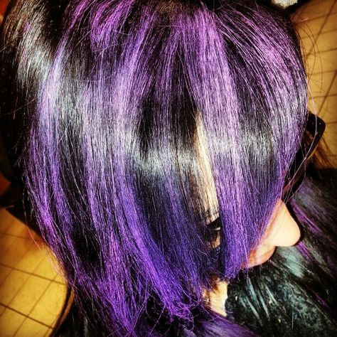 Purple Skunk Highlights, Hair Color Ideas Purple Highlights, Purple Hair With Black Highlights, Dark Purple And Black Hair, Black Hair With Purple Streaks, Purple Skunk Hair, Black Hair Purple Highlights, Purple Highlights Black Hair, Purple Chunky Highlights