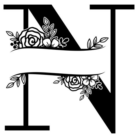 Alphabets Flower Monogram, Letter N Monogram Letters Font, N Letter Design, Alphabet Letter Templates, Free Monogram Fonts, Floral Monogram Letter, Flower Monogram, Engraving Ideas, Alfabet Letters, Free Monogram