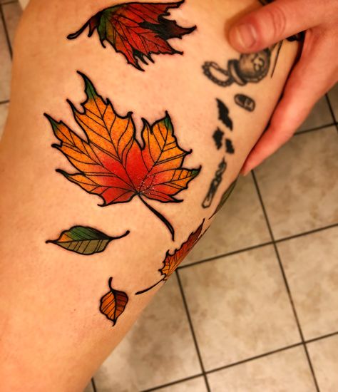 What next to add to this American Traditional/Neo Traditional tattoo sleeve? Traditional Tattoo Leaves, Traditional Tattoo Halloween, Tattoo Leaves, Fall Leaves Tattoo, Tato Tradisional, Leaves Tattoo, Traditional Tattoo Inspiration, Autumn Tattoo, Leaf Tattoo