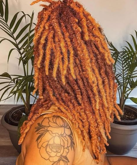 Balayage On Locs, Auburn Dreadlocks Black Women, Colored Tips Locs, Blonde And Copper Locs, Loc Fall Colors, Auburn Hair Color Locs, Ombre Ginger Locs, Honey Blonde Hair On Black Women Locs, Ginger And Honey Blonde Locs Black Women