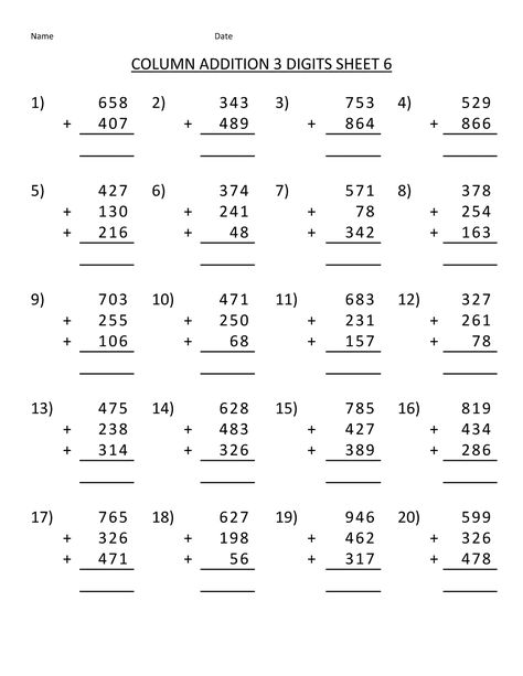 Free Math 3 Digits Column Addition Sheets 1 | Learning Printable Third Grade Math Worksheets, Mental Maths, Math Fact Worksheets, Math Practice Worksheets, Math Addition Worksheets, Worksheets For Grade 3, 4th Grade Math Worksheets, Free Printable Math Worksheets, 3rd Grade Math Worksheets