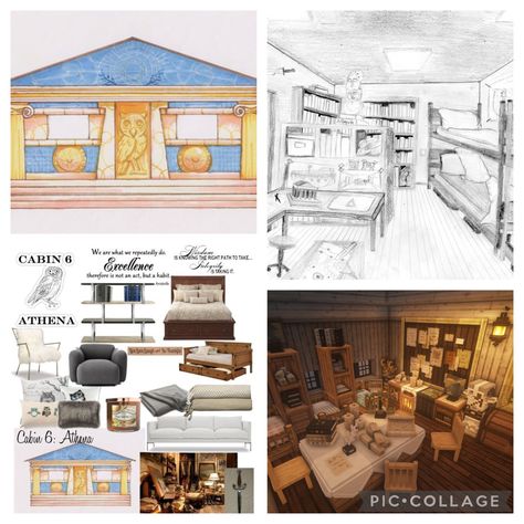 Big House Percy Jackson, Pjo Cabins Interior Design, Athena Aesthetic Wallpaper, Percy Jackson Cabins Layout, Cabin 6 Athena, Minecraft Camp, Pjo Cabins, Athena Aesthetic, Athena Cabin