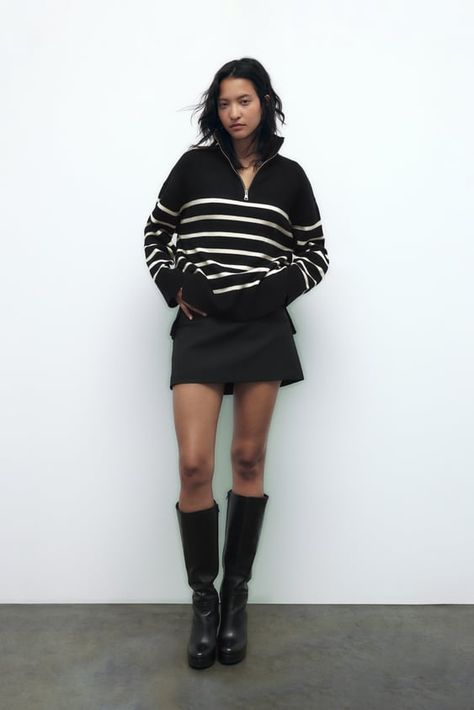 ZIP STRIPED SWEATER - Black / White | ZARA United States Zip Sweater Outfit, Sweater Skirt Outfit, Zipper Outfit, Striped Sweater Outfit, Black Sweater Outfit, Pullover Outfit, Stripe Outfits, Miniskirt Outfits, Zippered Sweater