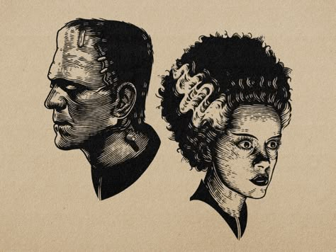 Frankenstein Sleeve Tattoo, Frankenstein Side Profile, Monster Flash Tattoo, Frankenstein Wife Tattoo, Frankenstein And Bride Drawing, Frankenstein And His Bride Tattoo, Frankenstein Bride Art, Frankenstein Monster Tattoo, Classic Horror Monsters