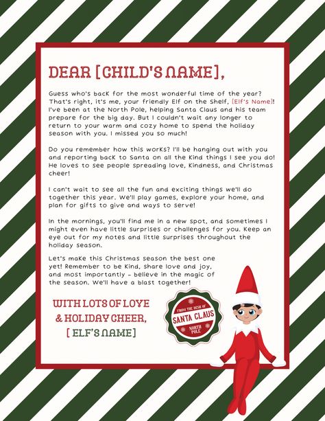 Get ready for the Elf on the Shelf with this free completely customizable Elf on the Shelf Letter Template. It's easy to customize the Elf on the Shelf letter with this cute printable download! I'm Back Elf On Shelf Letter, Letter For Elf Arrival, Free Editable Elf On The Shelf Notes, Elf On The Shelf Mailing Label Free, Elf Back Letter Printable Free, Elf On The Shelf Brings A Friend Letter, Elf Messages To Kids, Elf On The Shelf Advent Calendar Letter, Elf Back Letter Printable