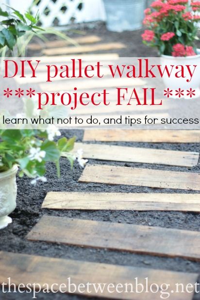 DIY pallet walkway, a project fail with tips to make your project a success from thespacebetweenblog.netDIY pallet walkway, a project fail with tips to make your project a success from thespacebetweenblog.net Diy Pallet Walkway, Wood Pallet Walkway, Pallet Path, Pallet Walkway, Diy Pathway, Wood Walkway, Outdoor Walkway, Walkways Paths, Garden Walkway