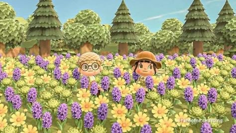 Acnh Flower Field, Animal Crossing Springcore, Meadowcore Acnh, Acnh Meadowcore, Acnh Flowers, Cottagecore Acnh, Acnh Spring, Field With Trees, Cottagecore Ideas