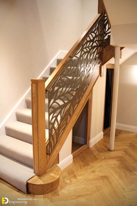 Top 45 Modern CNC Stair Railing Design Ideas  - Engineering Discoveries Cnc Stair Railing Design, درابزين السلم, درج السلم, Staircase Railing Design, Laser Cut Screens, Balcony Railing Design, Laser Cut Panels, Stair Railing Design, Staircase Remodel