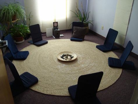 home meditation room with round mat                                                                                                                                                                                 More Meditation Room Ideas, Home Meditation Room, Meditation Room Design, Reiki Room, Meditation Chair, Meditation Studio, Meditation Tips, Meditation Room Decor, Healing Room