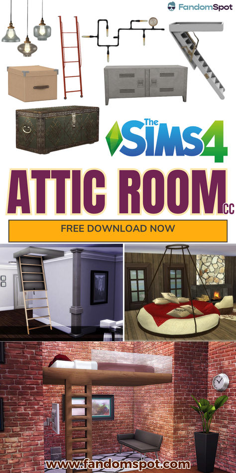 Sims 4 Attic, Sims 4 Basement, Folding Attic Stairs, Stair Ladder, Attic Ladder, Attic Loft, Small Fireplace, Attic Room, Attic Stairs