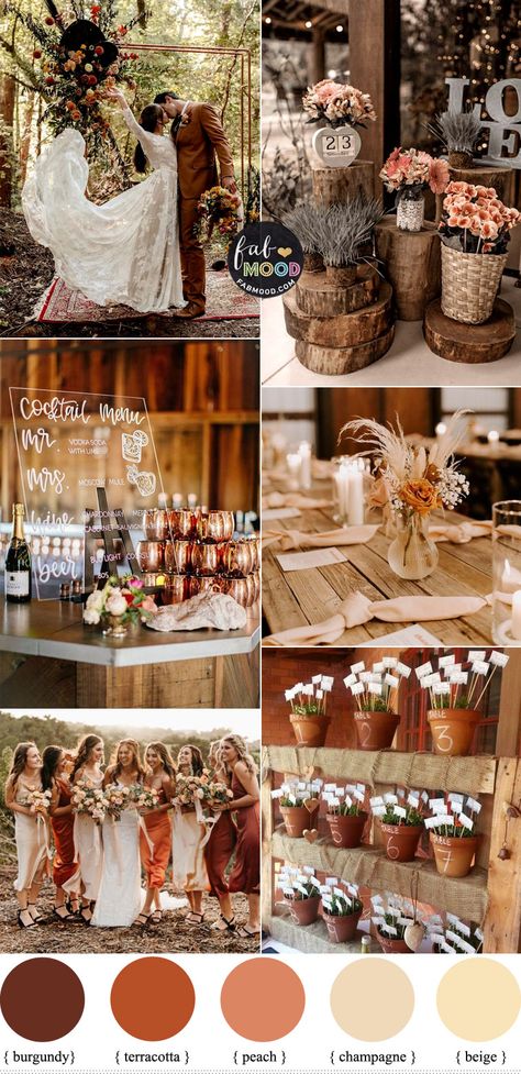 Autumn wedding colors | Fall wedding Palettes Wedding Theme Fall Colors, Rust Brown Color Palette Wedding, Brown Colour Wedding Theme, Terracotta Wedding Colour Palette, Cinnamon Theme Wedding, Burnt Terracotta Wedding, Terracotta Wedding Colors Palette, Rustic Colour Palette Wedding, Champagne And Terracotta Wedding Colors