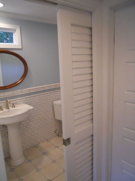 Louvered Pocket Door, Louvered Bathroom Door, Pocket Shutters, Bathroom Pocket Door Ideas, Bathroom Pocket Door, Louver Doors, Pocket Doors Bathroom, Accessible Bathroom Design, Bathroom Wall Cabinet