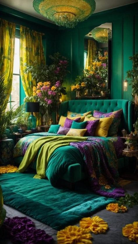 Emerald Green Walls, Teal Boho Bedroom, Magenta Bedrooms, Emerald Green Bedroom, Emerald Green Bedrooms, Emerald Green Wall, Teal And Magenta, Green Interior Decor, String Fairy Lights