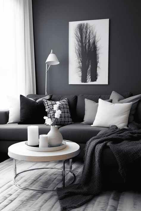 Black Couch Living Room Ideas: Cozy Layered Look with Blanket Dark Grey Coach Ideas, Small Black Living Room Ideas Apartment, Black Furniture Room Ideas, Charcoal Couch Living Room Ideas, White Grey Black Living Room, Apartment Living Room Black Couch, Grey And Black Living Room Ideas, Grey White And Black Living Room, Grey Decor Living Room