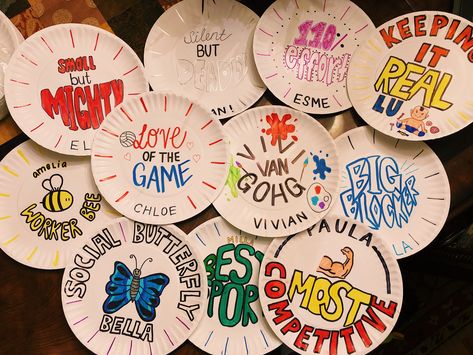 Paper Plate Awards Soccer, Paper Plate Awards Swimming, Volleyball Paper Plate Awards, Paper Plate Awards Ideas Funny, Volleyball Awards Ideas, Plate Awards Ideas, Paper Plate Awards For Sports, Paper Plate Award Ideas, Swim Awards