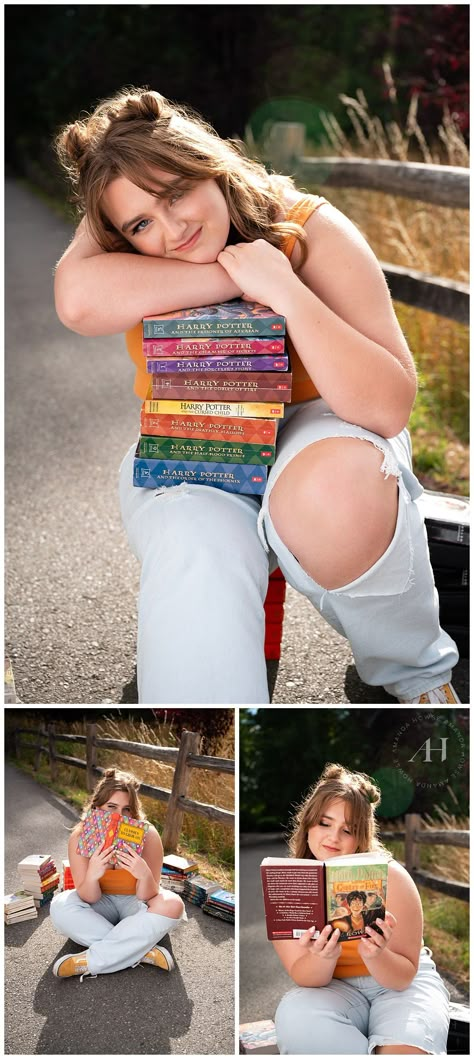 Book-Loving Senior Portrait Ideas | Harry Potter Fans | Photographed by the Best Tacoma, Washington Senior Photographer Amanda Howse Photography Senior Picture Ideas Bookworm, Senior Photos With Books, Bookish Senior Pictures, Senior Pictures With Books, High School Graduation Photos, Funny Senior Pictures, Senior Year Pictures, Senior Portrait Ideas, Senior Photography Poses