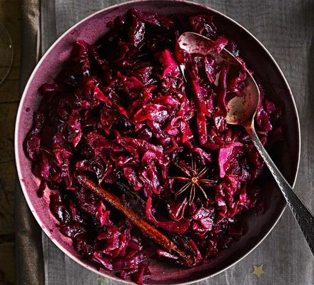 Festive red cabbage recipe | BBC Good Food Spiced Red Cabbage, Cooked Red Cabbage, Red Cabbage Recipe, Red Cabbage With Apples, Food To Order, Red Cabbage Recipes, Braised Red Cabbage, Vegetarian Mains, Breakfast For A Crowd