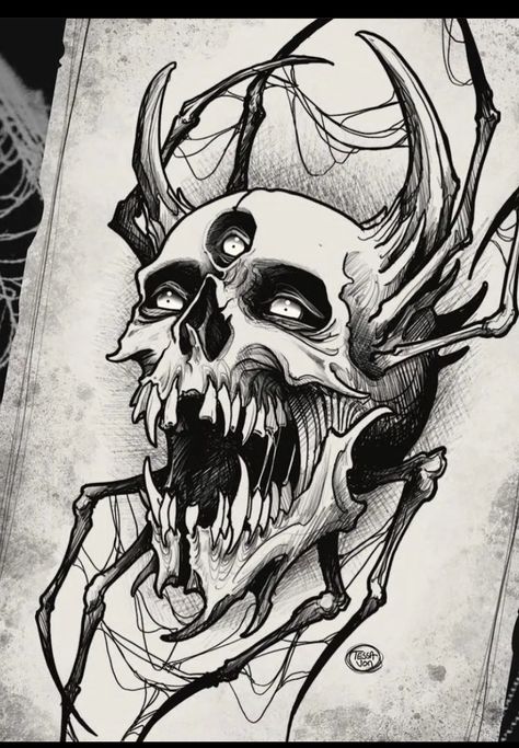 Skull With Horns Tattoo, Dark Tattoo Sleeve, Dark Tattoo Designs, Spider Tattoo Design, Magical Tattoos, Reaper Logo, Skull Drawing Sketches, Tattoo Pieces, Hellboy Tattoo